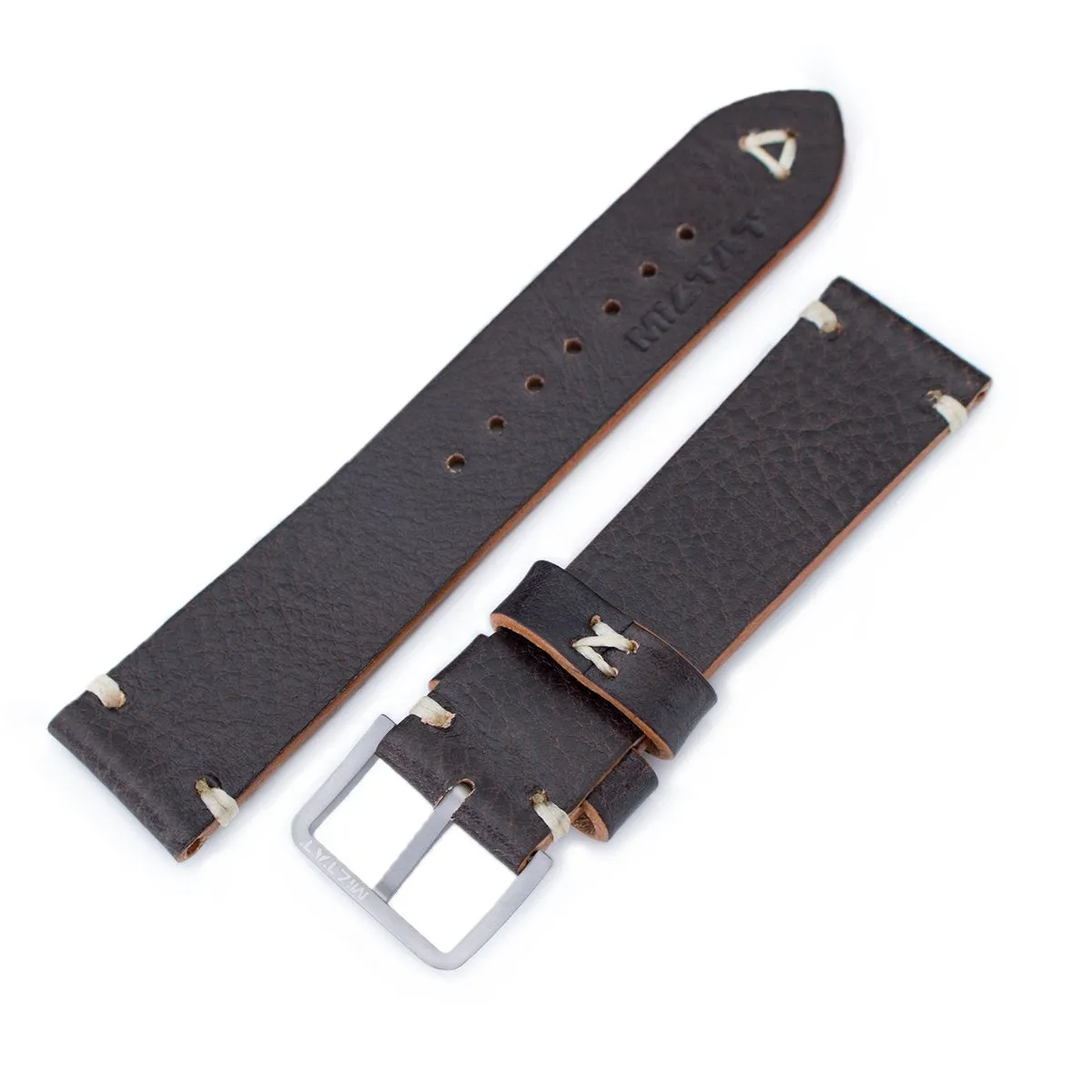20mm, 21mm, 22mm MiLTAT Dark Brown Genuine Calf Leather Watch Strap, Beige Stitching, Sandblasted Buckle