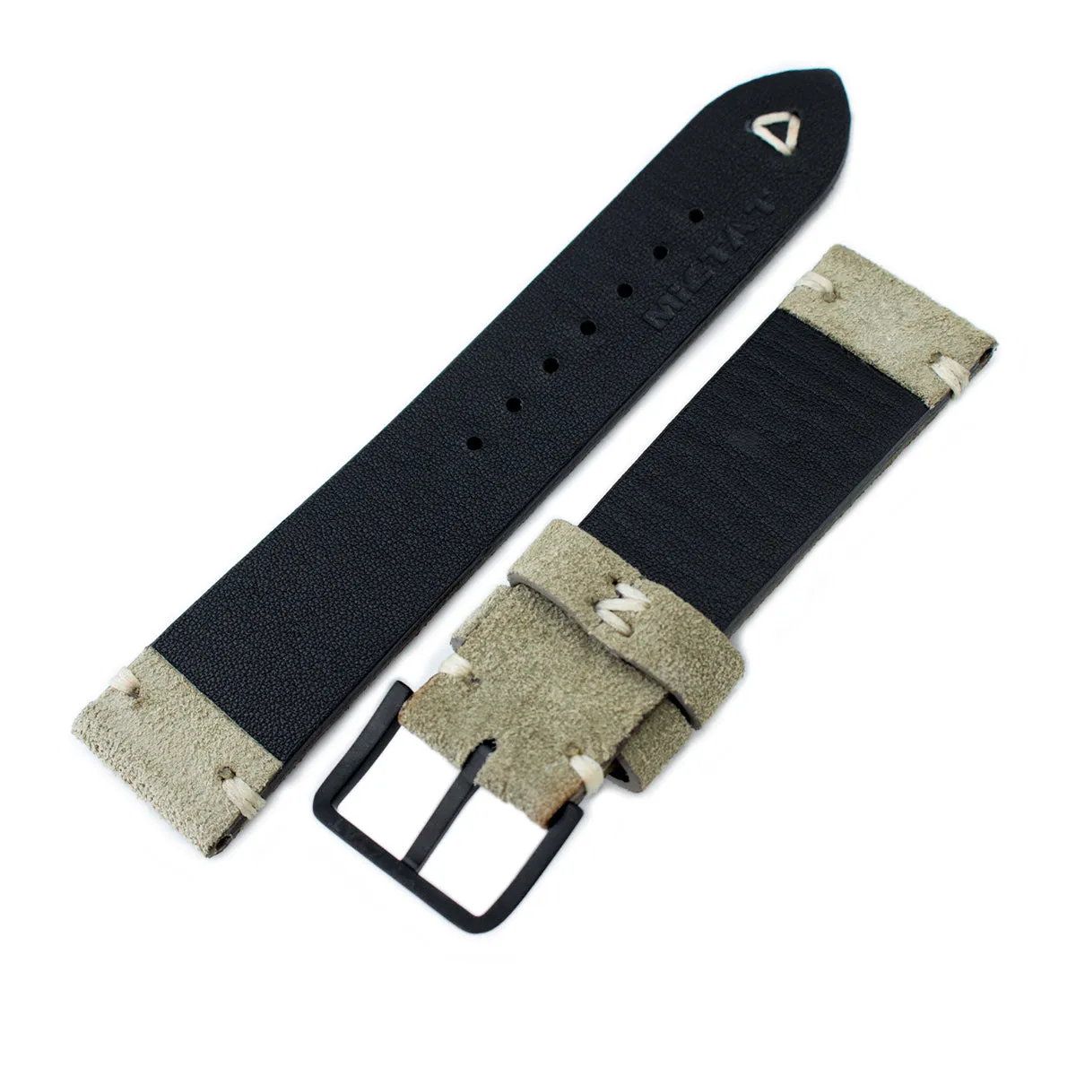 20mm, 21mm, 22mm MiLTAT Grey Green Genuine Nubuck Leather Watch Strap, Beige Stitching, PVD Buckle
