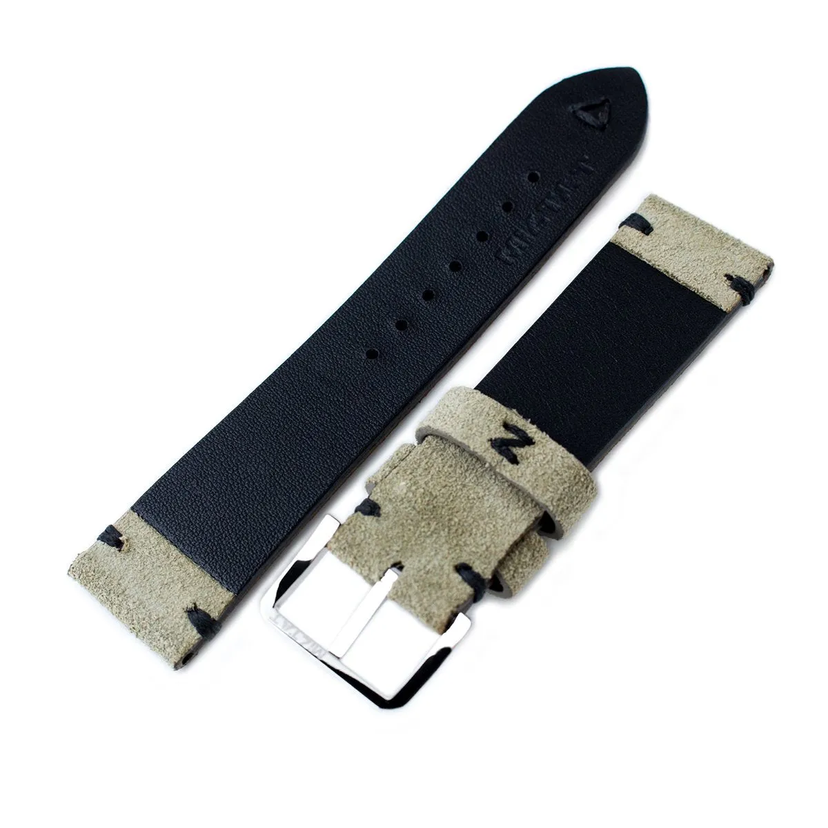 20mm, 21mm, 22mm MiLTAT Grey Green Genuine Nubuck Leather Watch Strap, Black Stitching, Polished Buckle