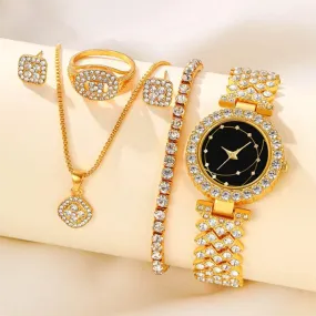 5pcs Casual WOMEN'S Quartz Watch Necklace Ring Earrings Watch Set
