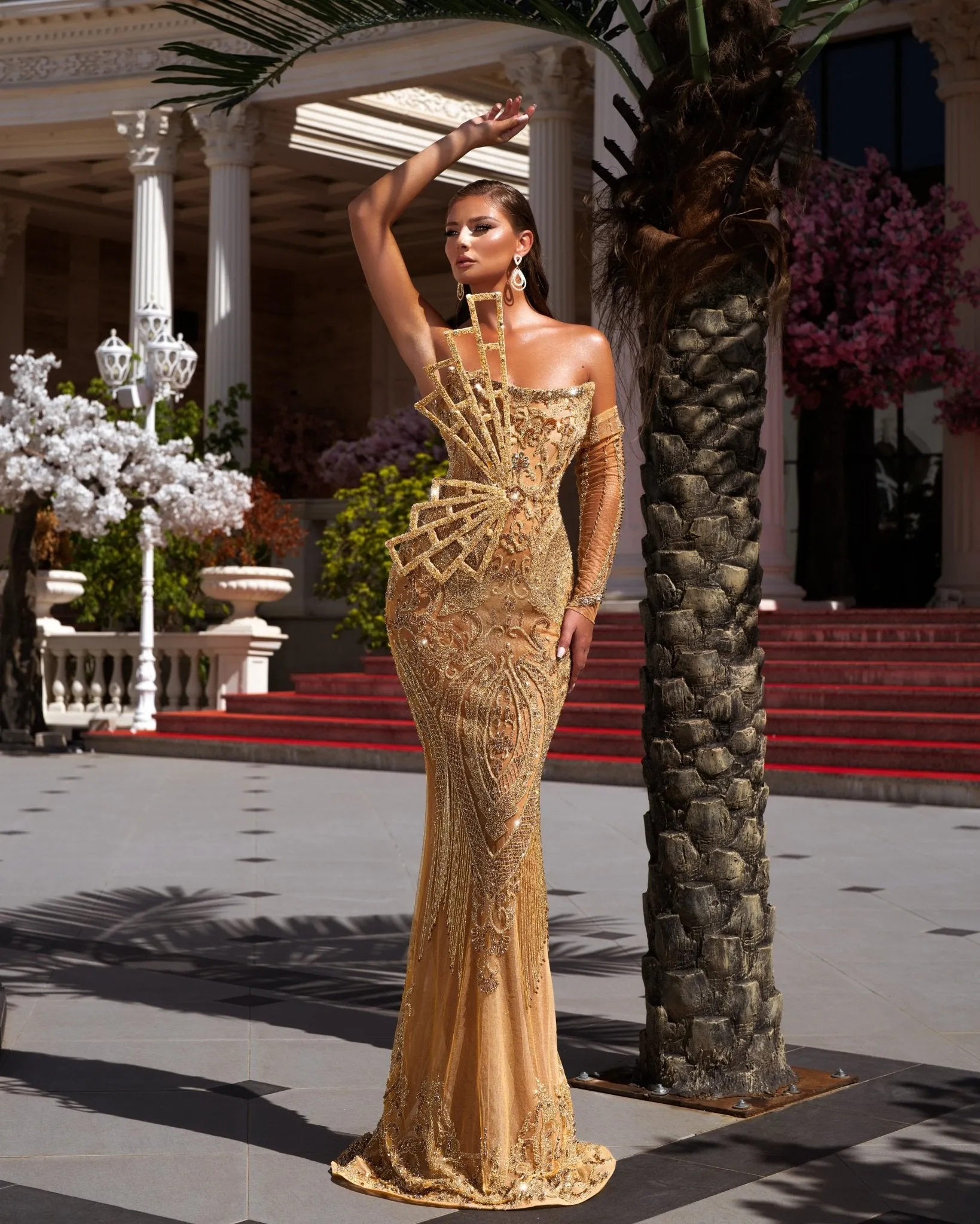 Aureliette Gold Dress with One-Shoulder