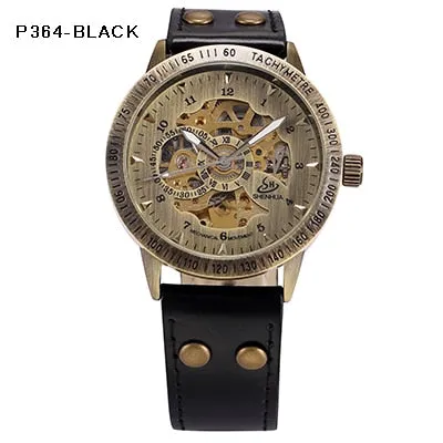 Automatic Mechanical Watch Men Steampunk Skeleton Watch Transparent Leather Self Winding Mens Retro Watch Clock Man montre homme
