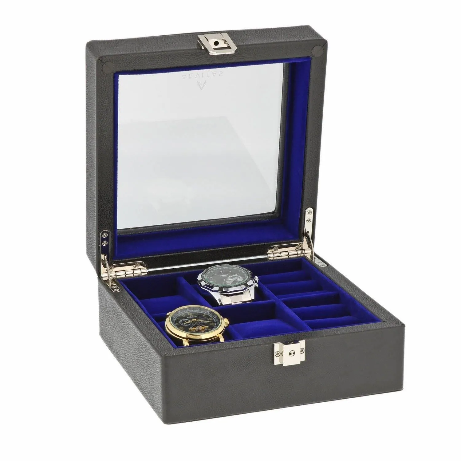 Black Genuine Leather 4 Watch   4 Pair Cufflink Collectors Box Royal Blue Velvet Lining by Aevitas