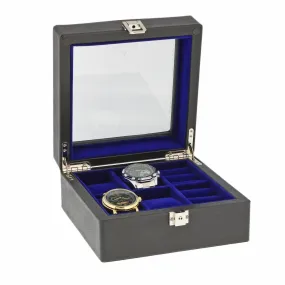 Black Genuine Leather 4 Watch   4 Pair Cufflink Collectors Box Royal Blue Velvet Lining by Aevitas