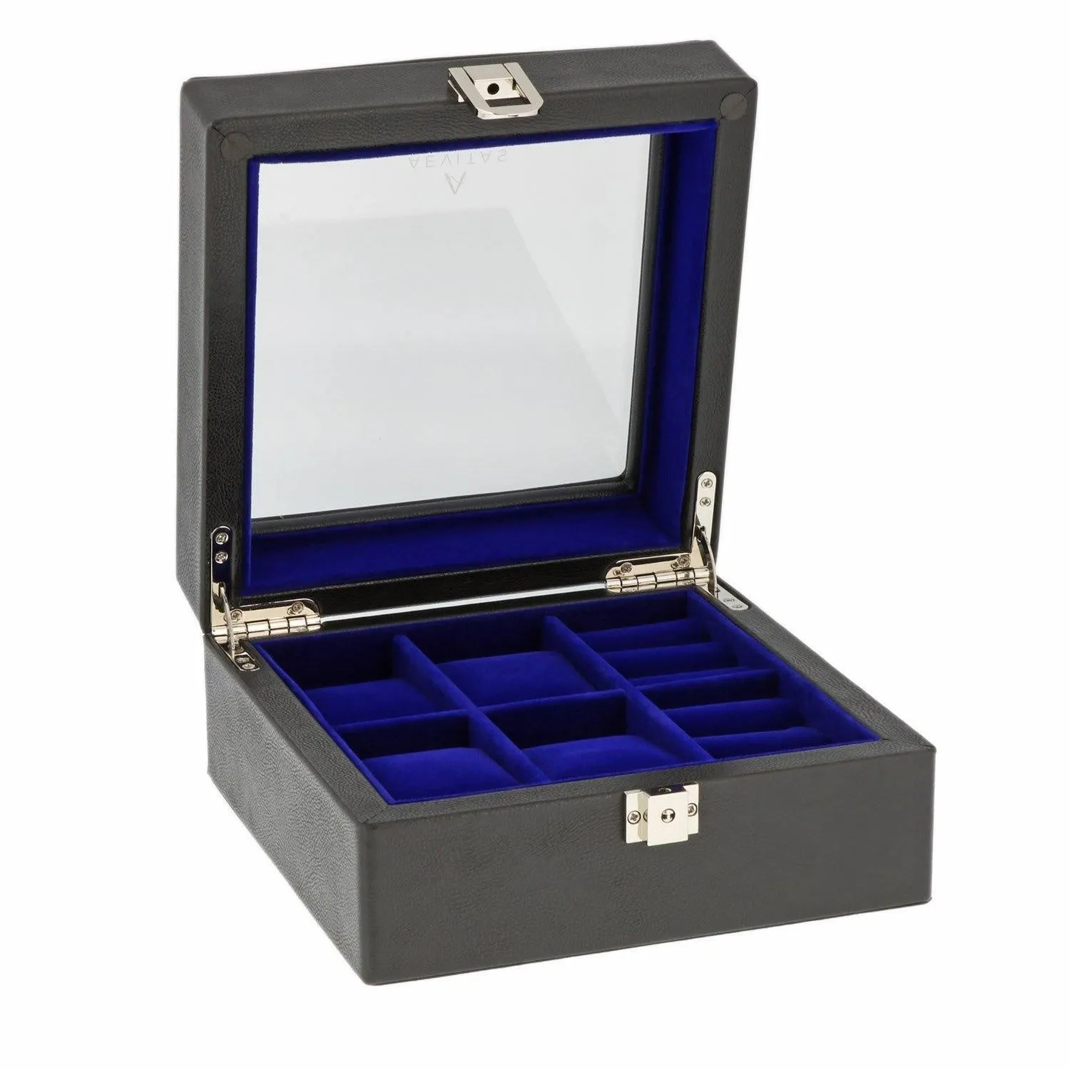 Black Genuine Leather 4 Watch   4 Pair Cufflink Collectors Box Royal Blue Velvet Lining by Aevitas
