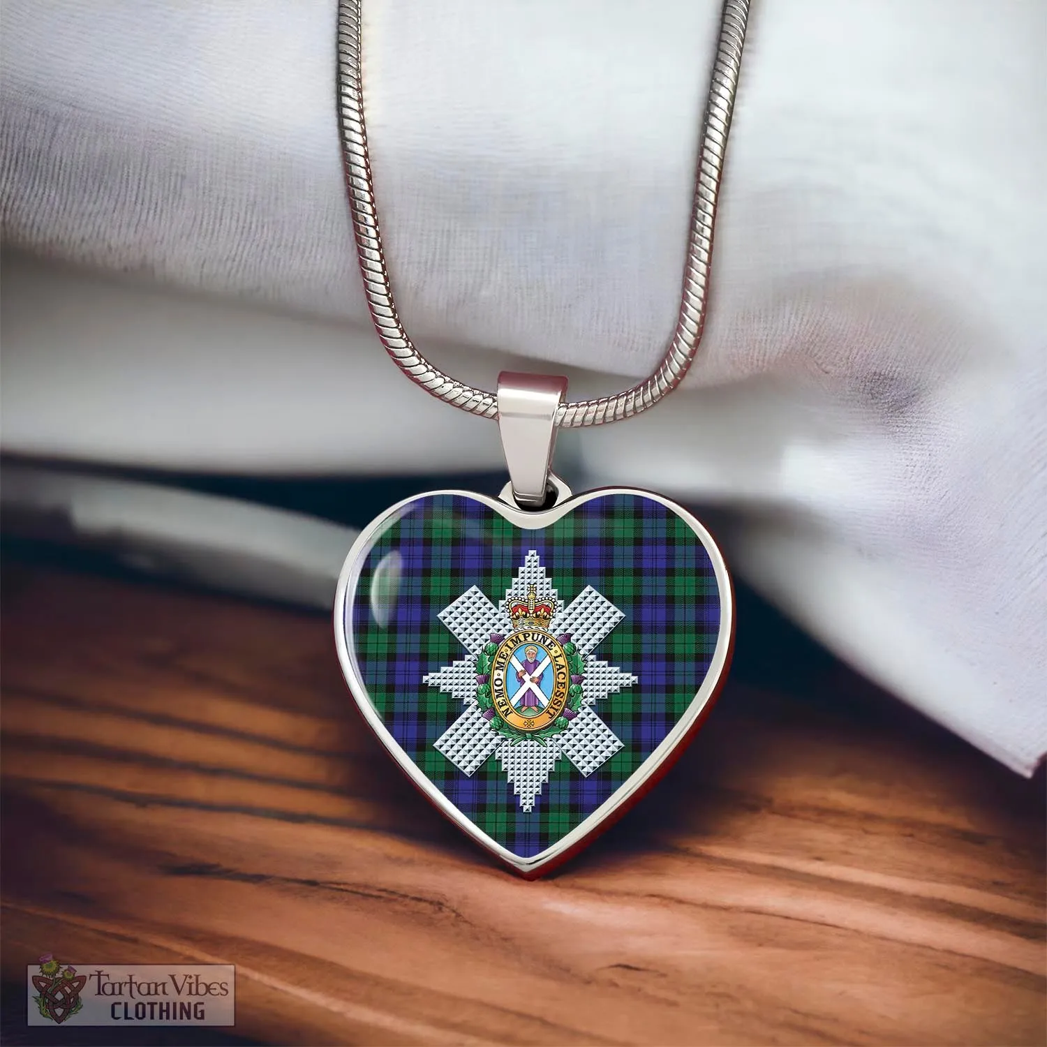 Black Watch Modern Tartan Heart Necklace with Family Crest
