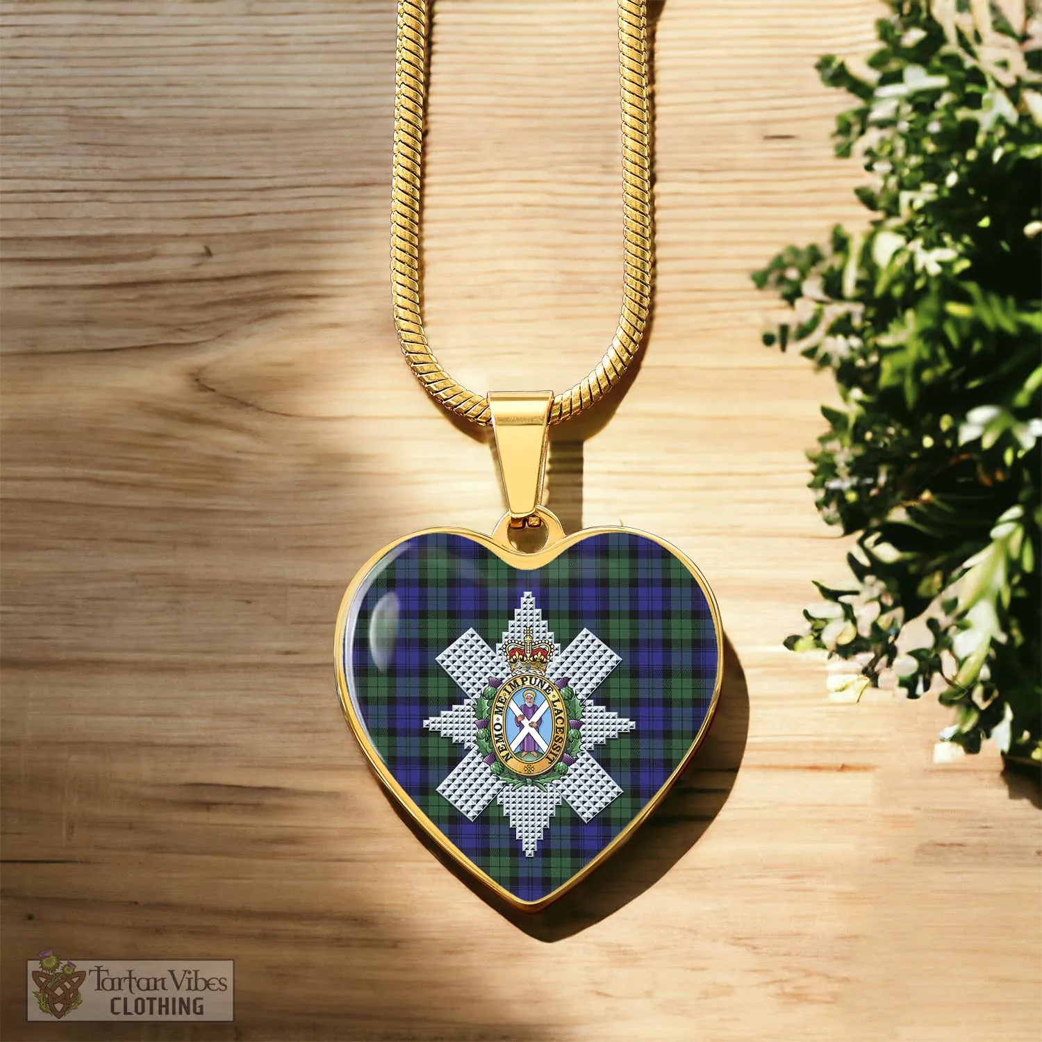 Black Watch Modern Tartan Heart Necklace with Family Crest