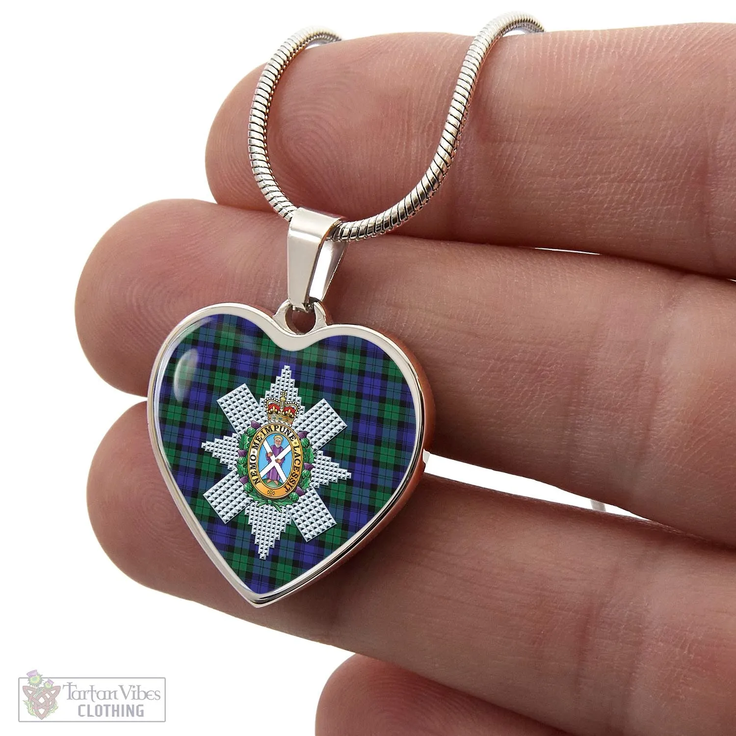 Black Watch Modern Tartan Heart Necklace with Family Crest