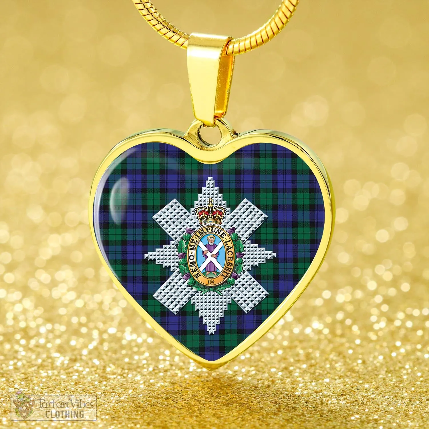 Black Watch Modern Tartan Heart Necklace with Family Crest
