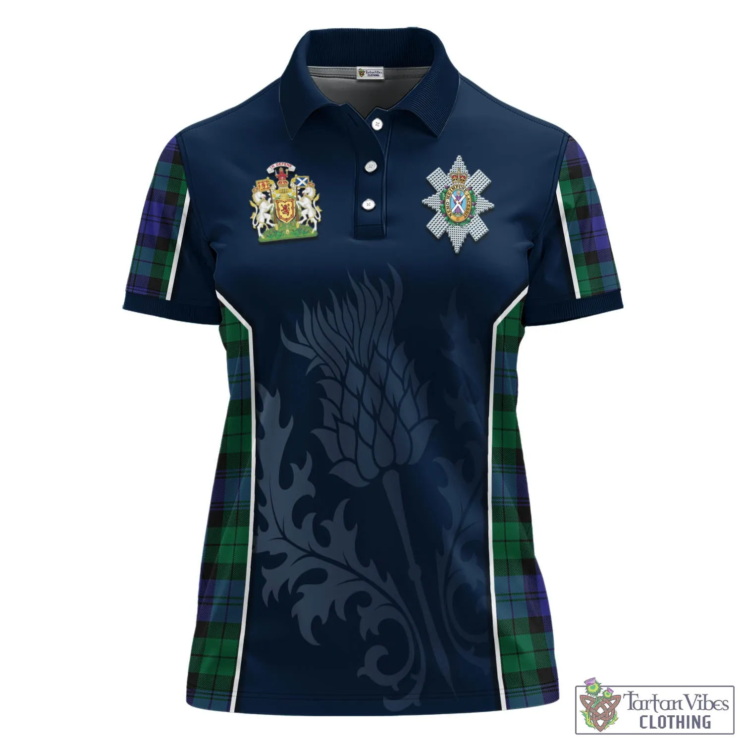 Black Watch Modern Tartan Women's Polo Shirt with Family Crest and Scottish Thistle Vibes Sport Style