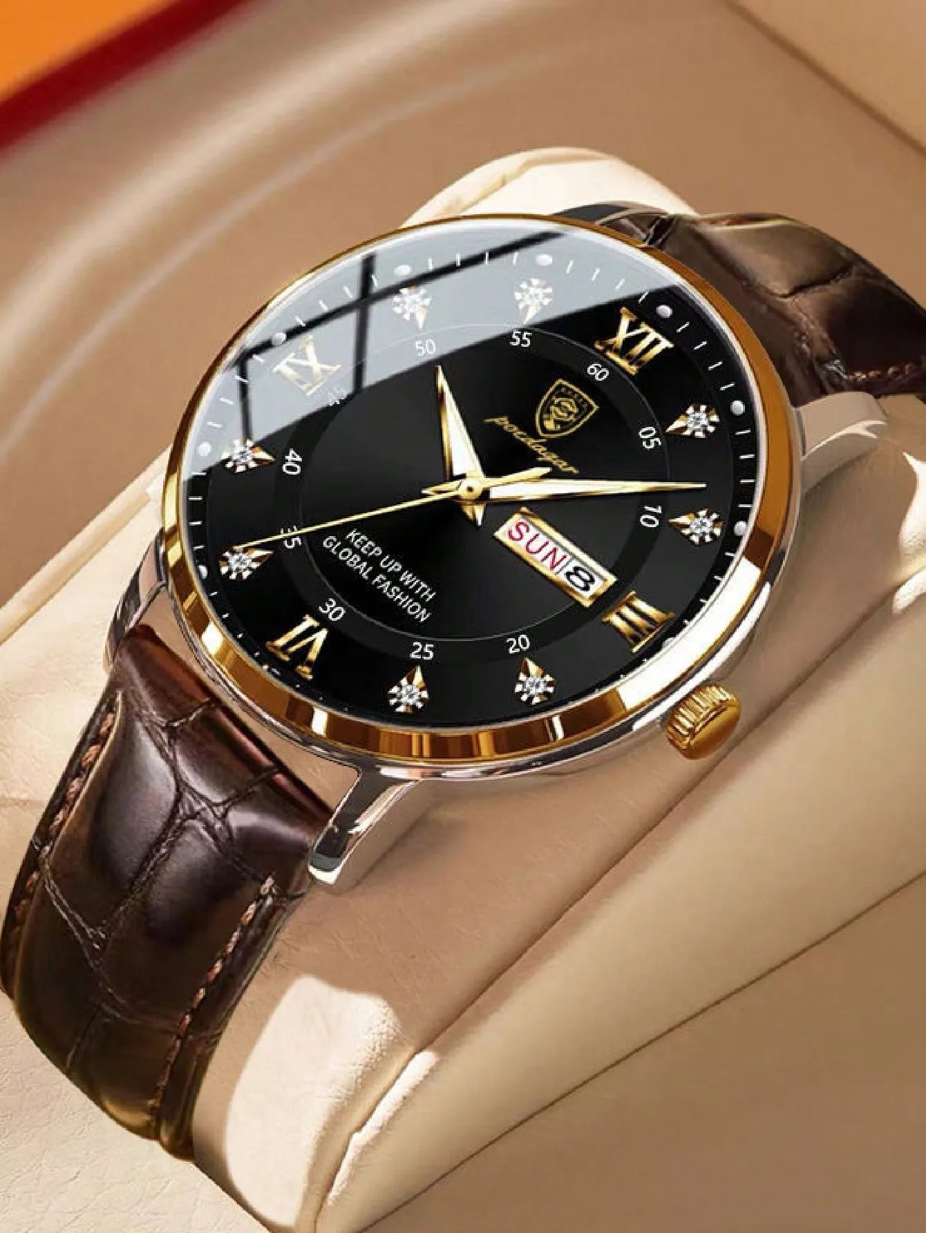 Brown Strap Fashionable Rhinestone Decor Waterproof Round Dial Quartz Watch for Men