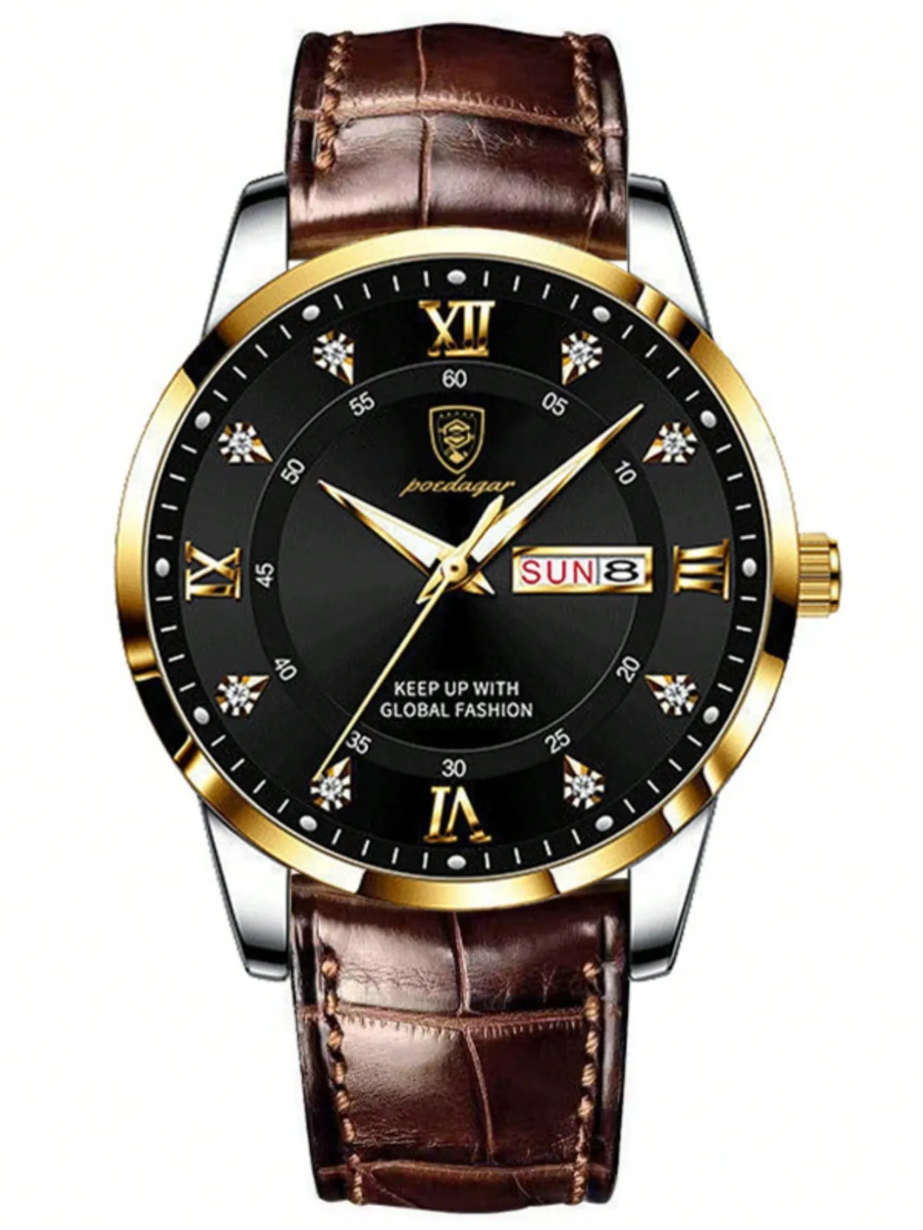 Brown Strap Fashionable Rhinestone Decor Waterproof Round Dial Quartz Watch for Men