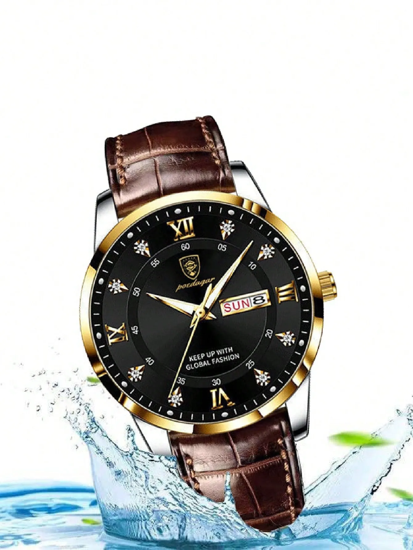 Brown Strap Fashionable Rhinestone Decor Waterproof Round Dial Quartz Watch for Men
