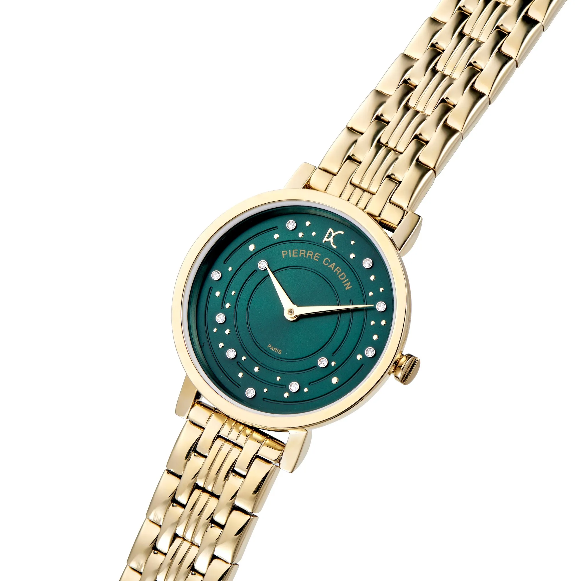 Canal St Martin Circles Gold Watch with Crystals and Green Dial