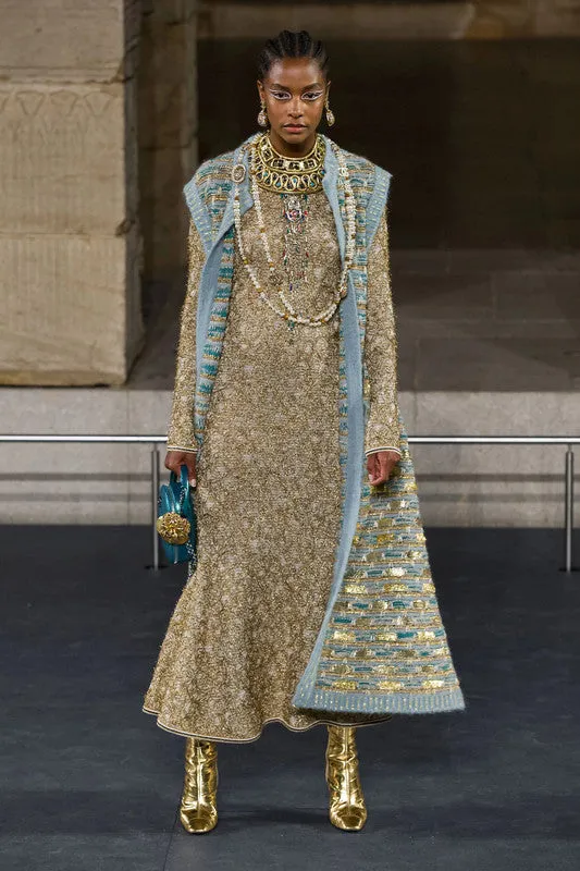 CHANEL 19A Runway CC Logo Lesage Knit Mermaid Long Dress Gold