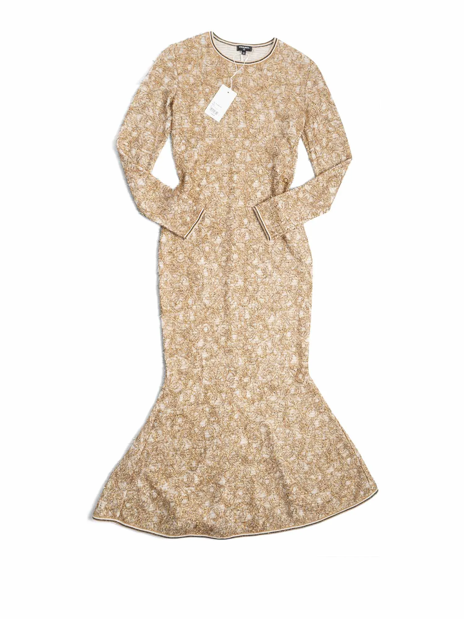 CHANEL 19A Runway CC Logo Lesage Knit Mermaid Long Dress Gold