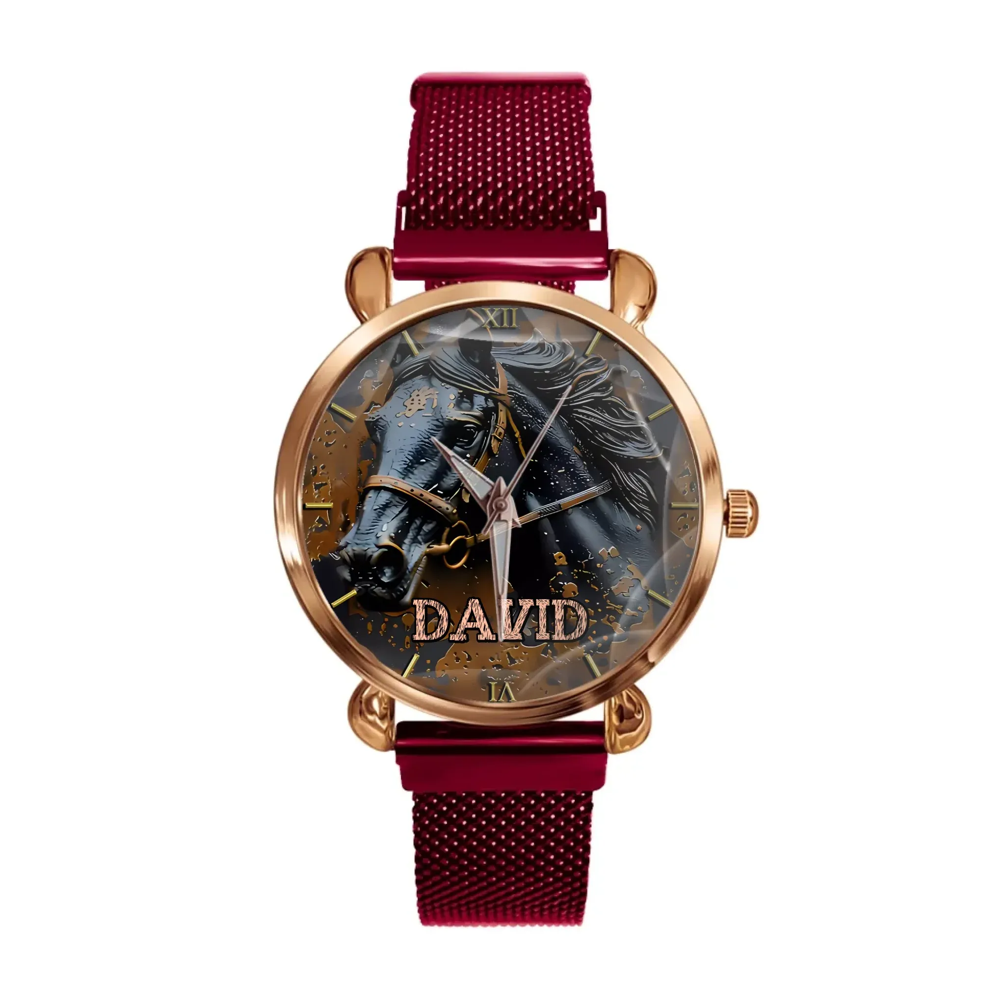 Custom Black Horse Dial Watch - Personalised Name Black BMW Image Printed Watch - Gift for Friend,Family,Dad,Horse Lover