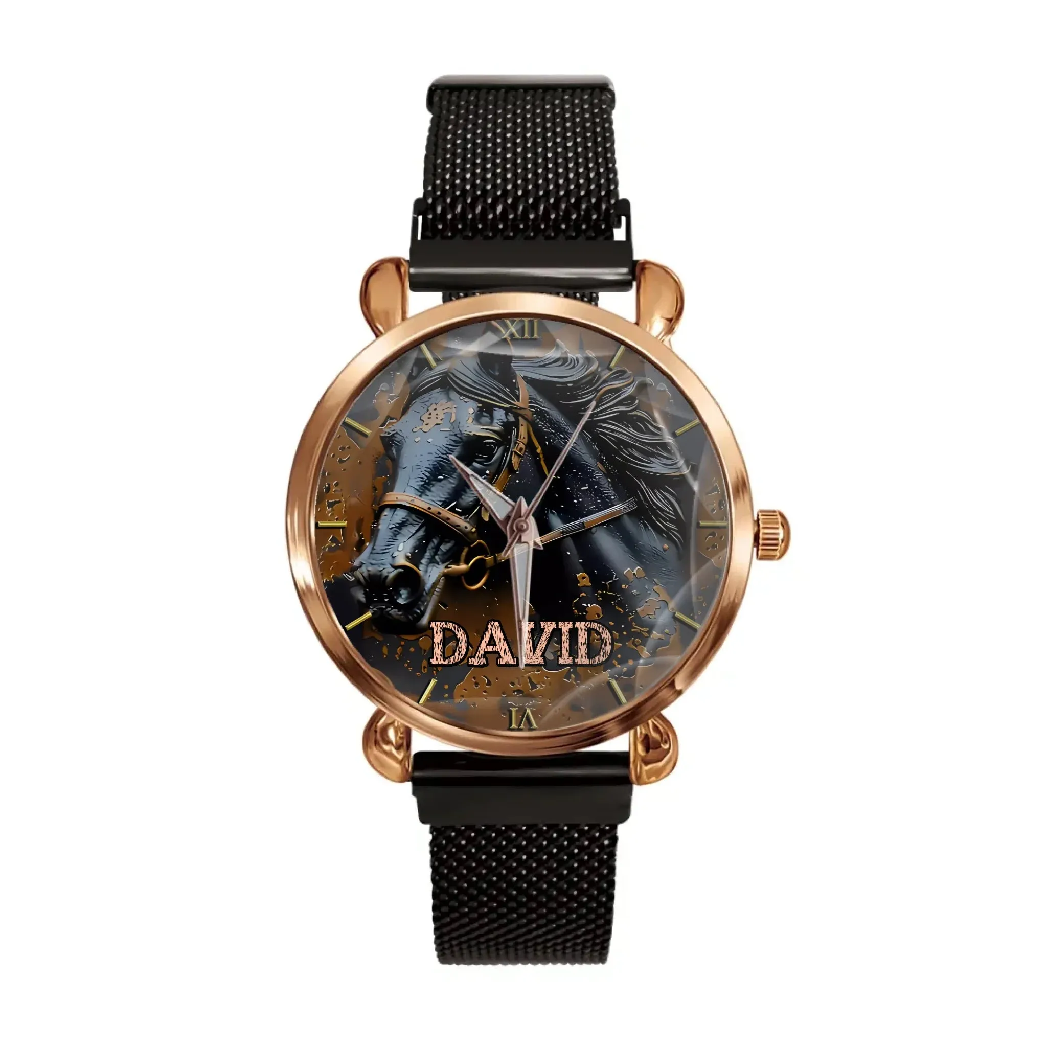 Custom Black Horse Dial Watch - Personalised Name Black BMW Image Printed Watch - Gift for Friend,Family,Dad,Horse Lover