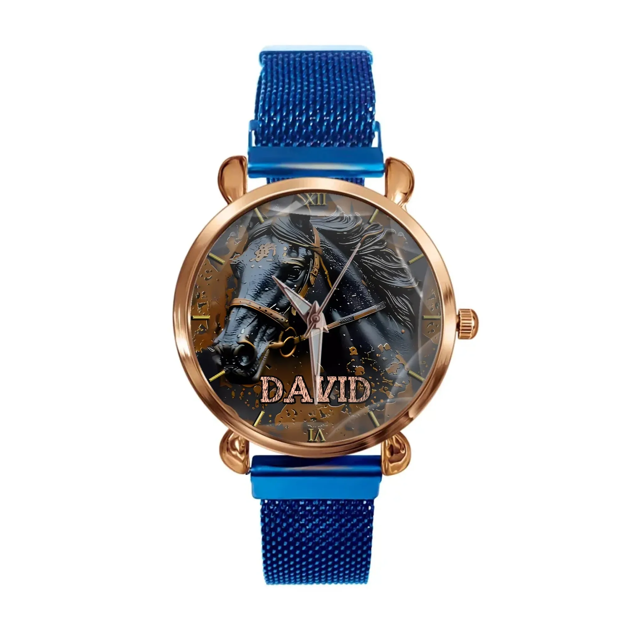 Custom Black Horse Dial Watch - Personalised Name Black BMW Image Printed Watch - Gift for Friend,Family,Dad,Horse Lover
