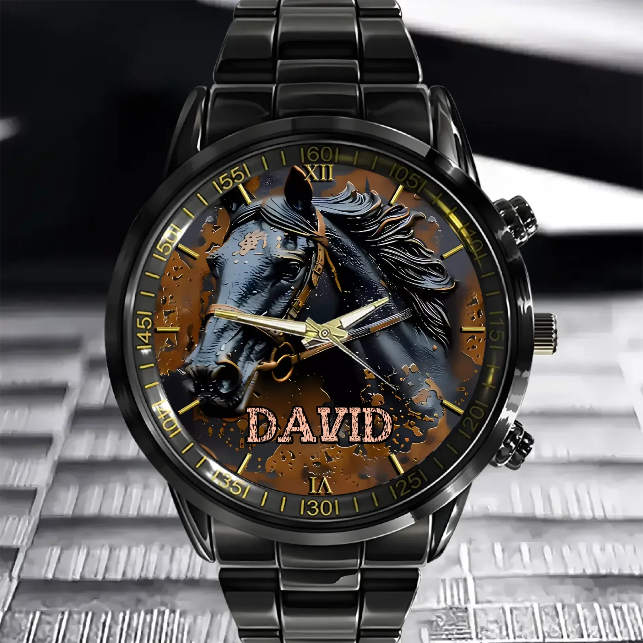 Custom Black Horse Dial Watch - Personalised Name Black BMW Image Printed Watch - Gift for Friend,Family,Dad,Horse Lover
