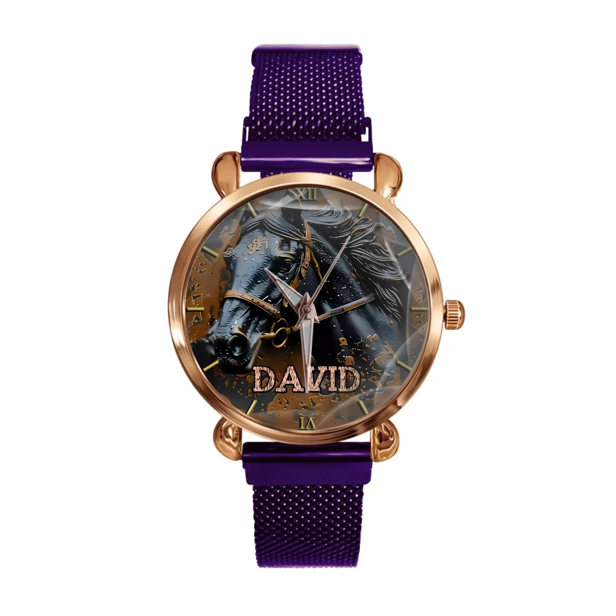 Custom Black Horse Dial Watch - Personalised Name Black BMW Image Printed Watch - Gift for Friend,Family,Dad,Horse Lover