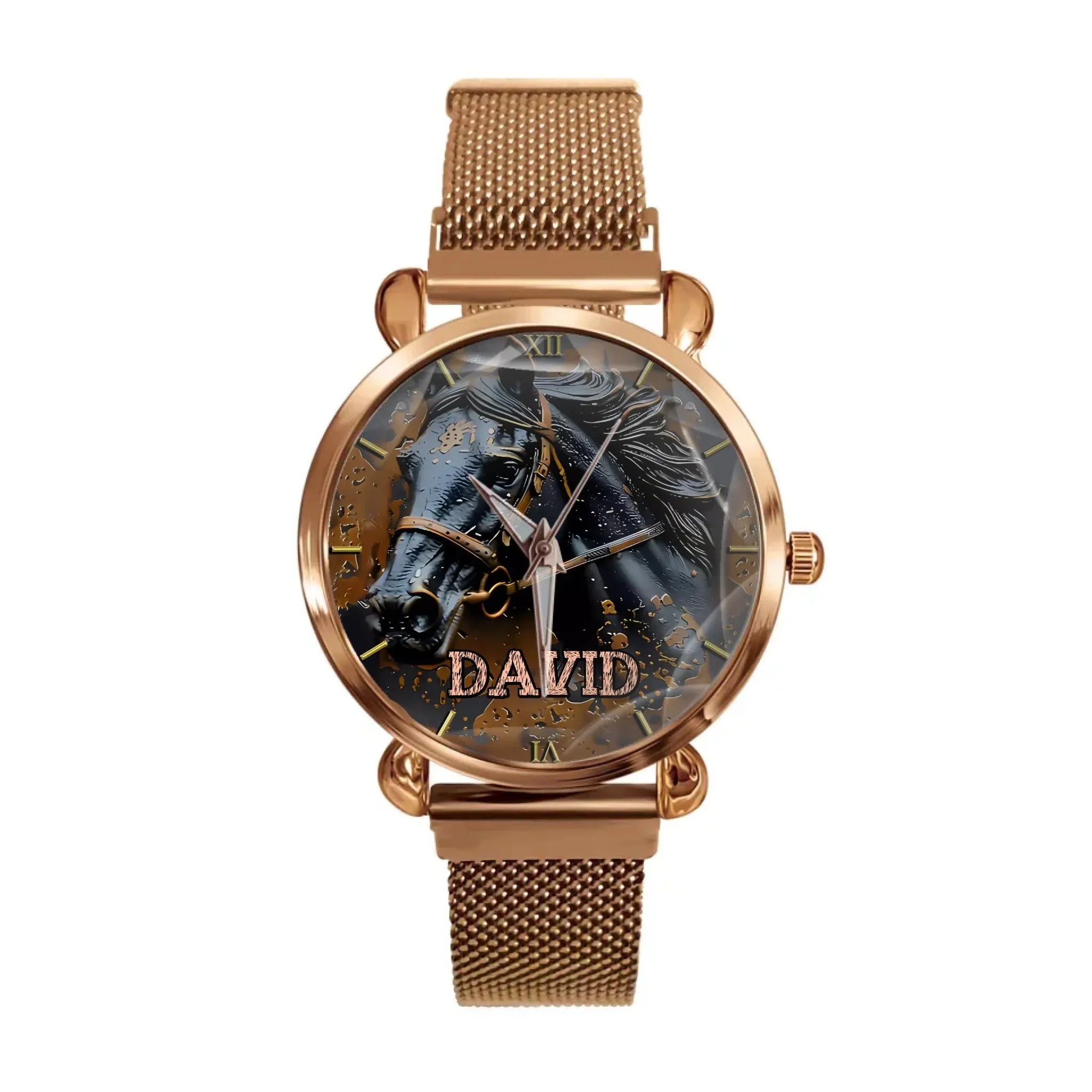 Custom Black Horse Dial Watch - Personalised Name Black BMW Image Printed Watch - Gift for Friend,Family,Dad,Horse Lover
