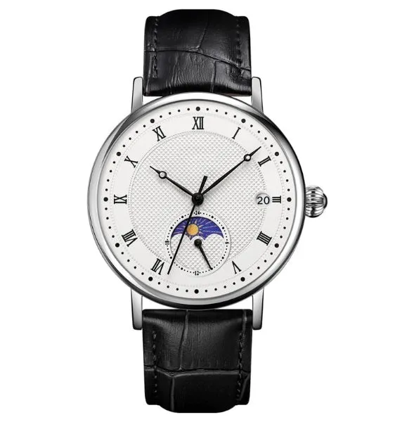 Elegant Quartz Watch with Moon Phase - Leather Strap
