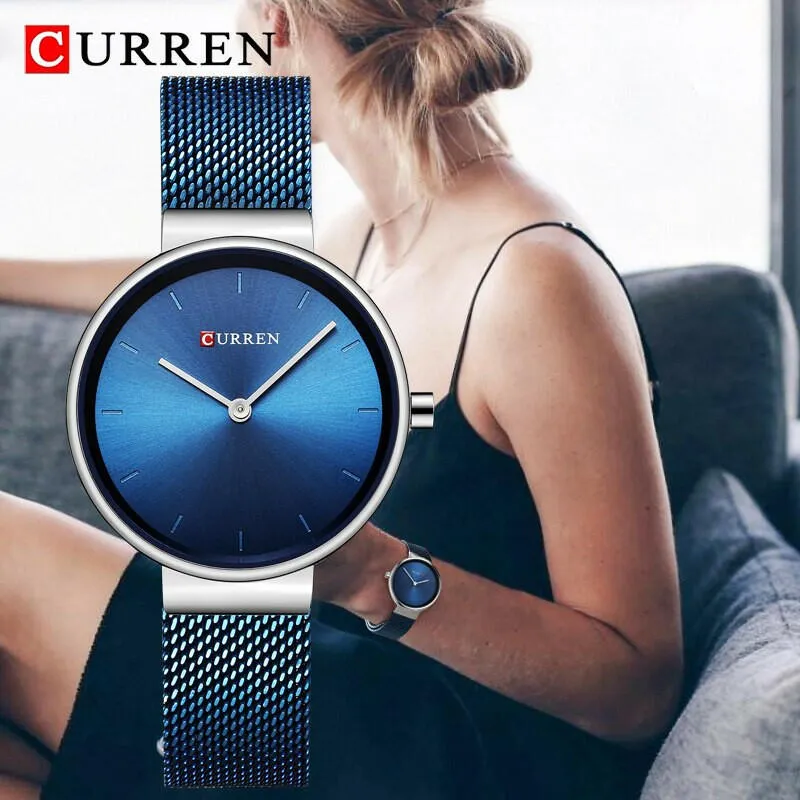 Fashion Blue Ladies Watches Mesh Stainless Steel Quartz Watch Women Luxury Simple Wristwatches Analog Lady Clock