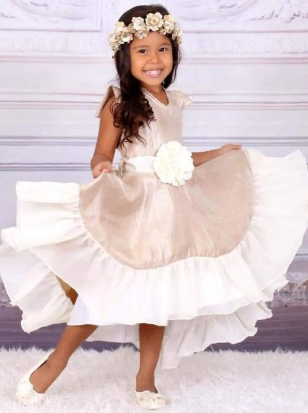 Girls Gold And Creme V-Neck Hi-Lo Dress