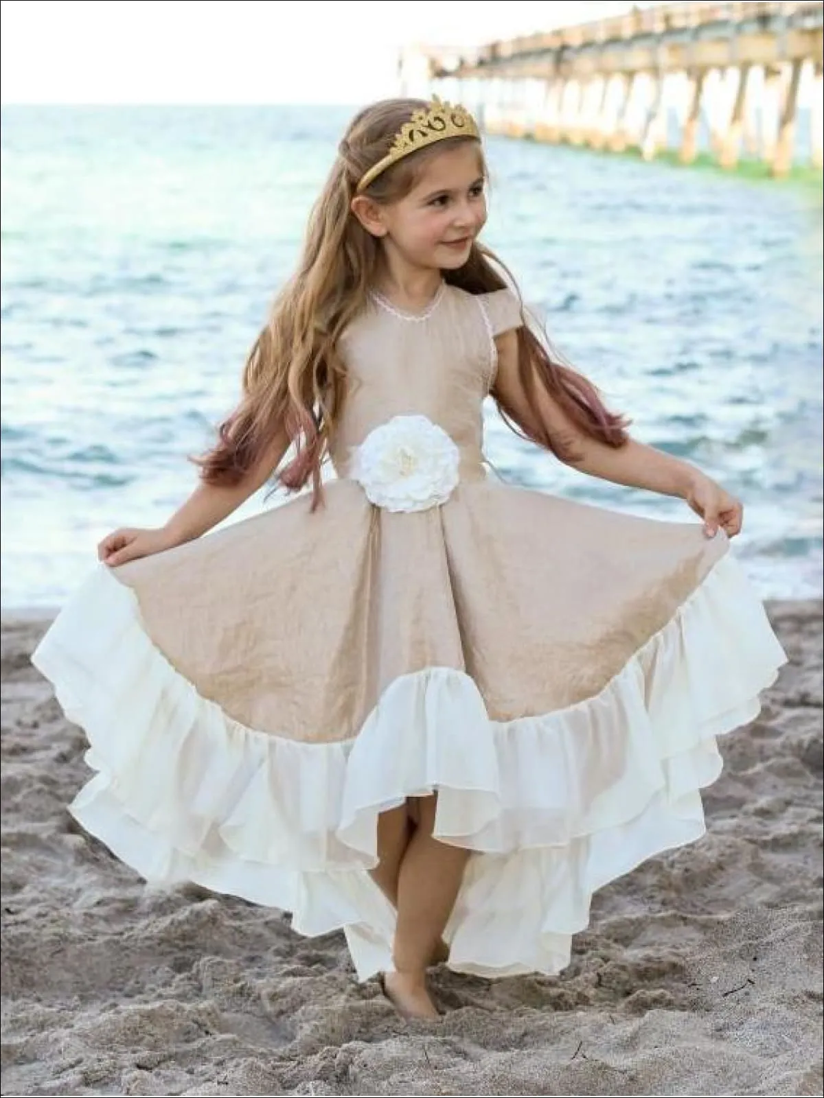 Girls Gold And Creme V-Neck Hi-Lo Dress