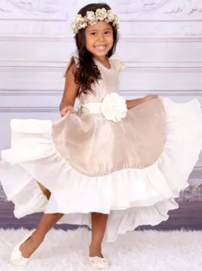 Girls Gold And Creme V-Neck Hi-Lo Dress