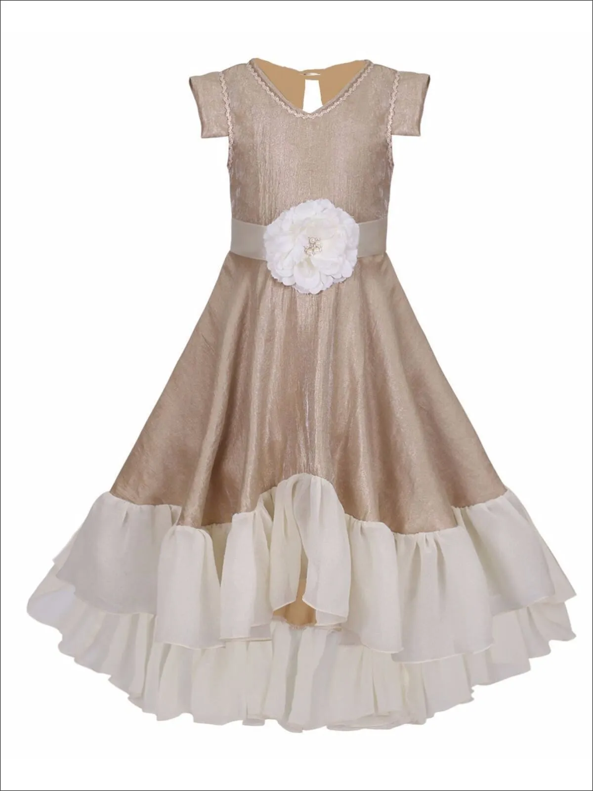 Girls Gold And Creme V-Neck Hi-Lo Dress