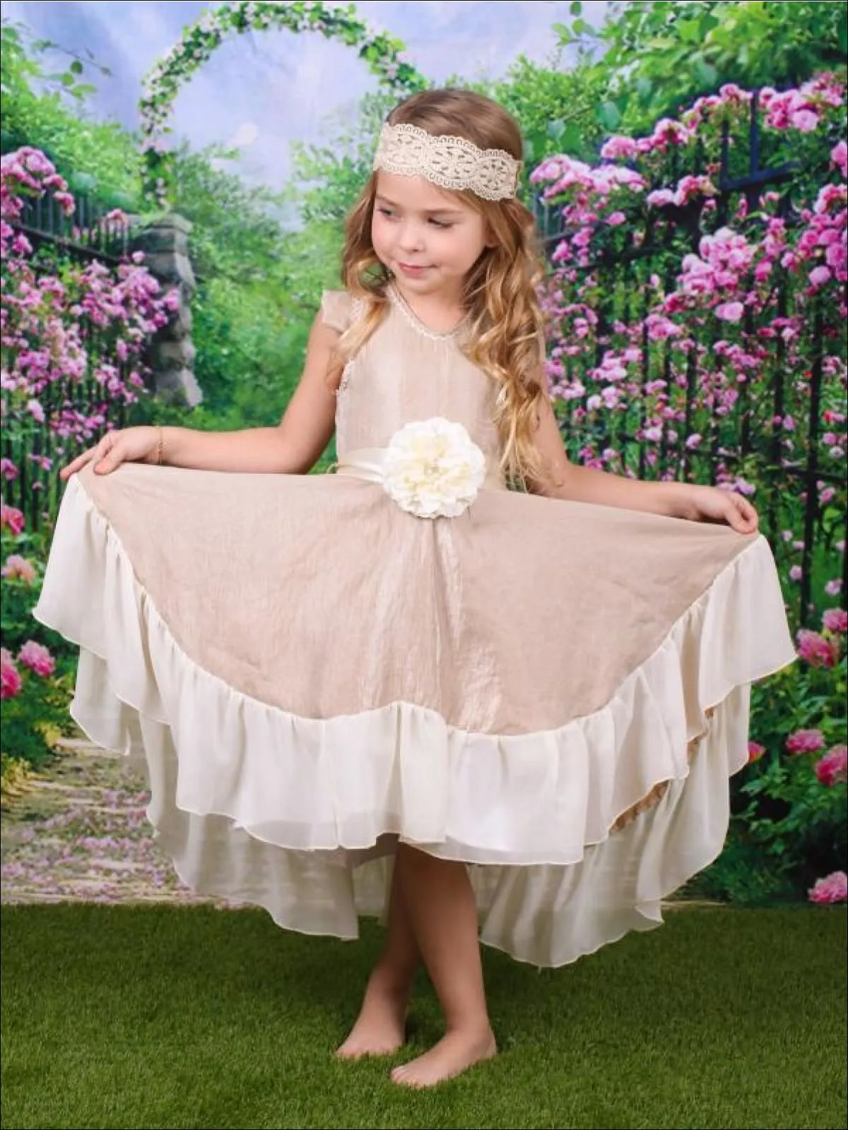 Girls Gold And Creme V-Neck Hi-Lo Dress