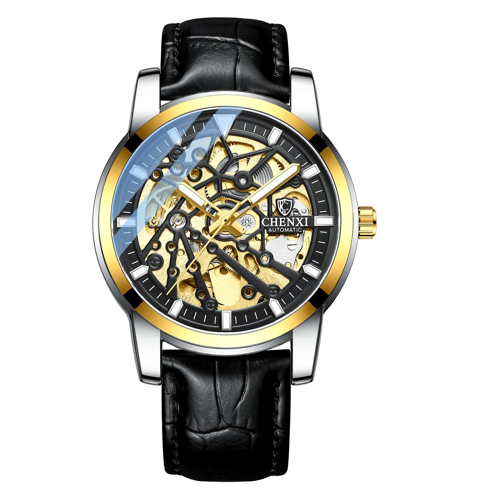 Glow in the dark mechanical watch with leather band W28CX88812L