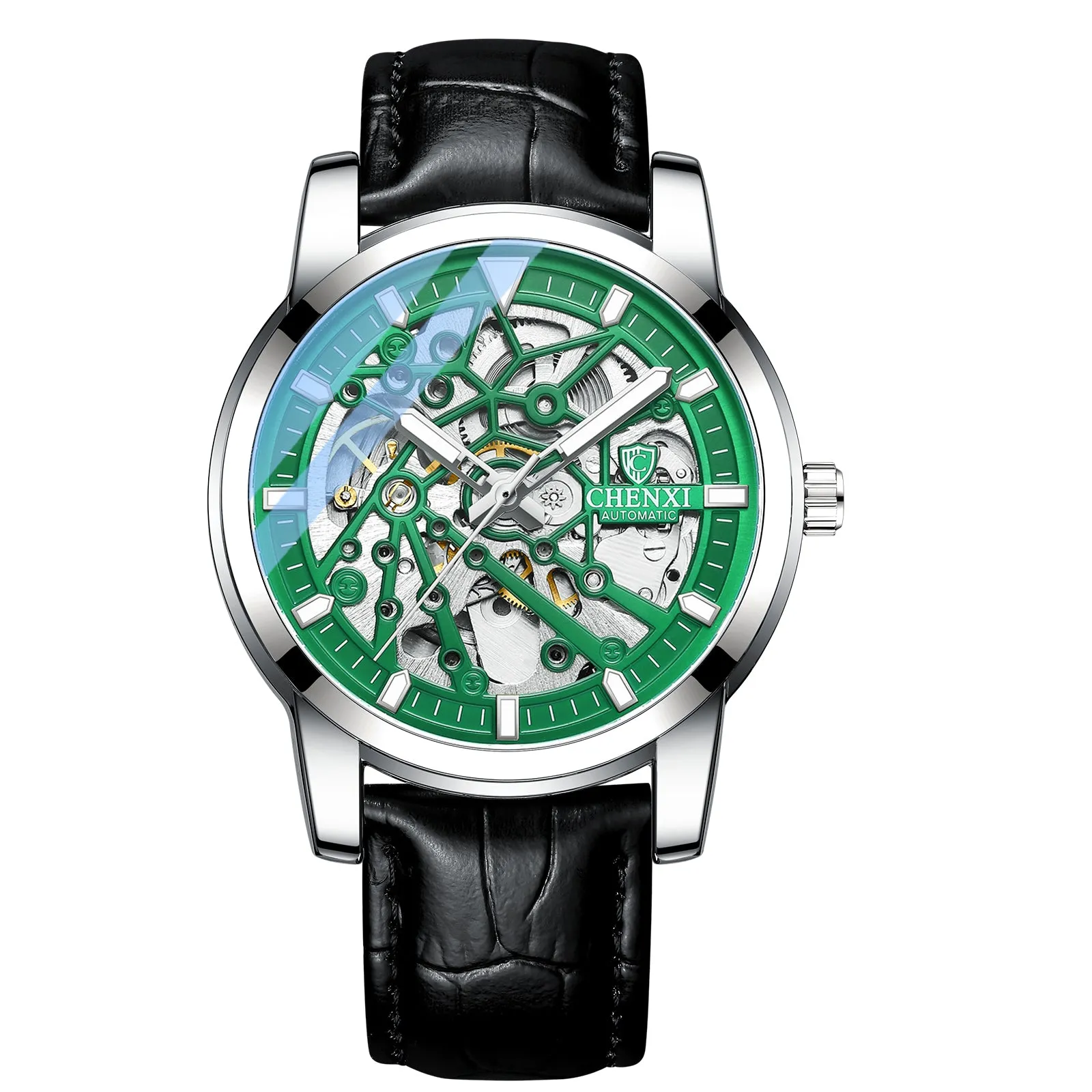 Glow in the dark mechanical watch with leather band W28CX88812L