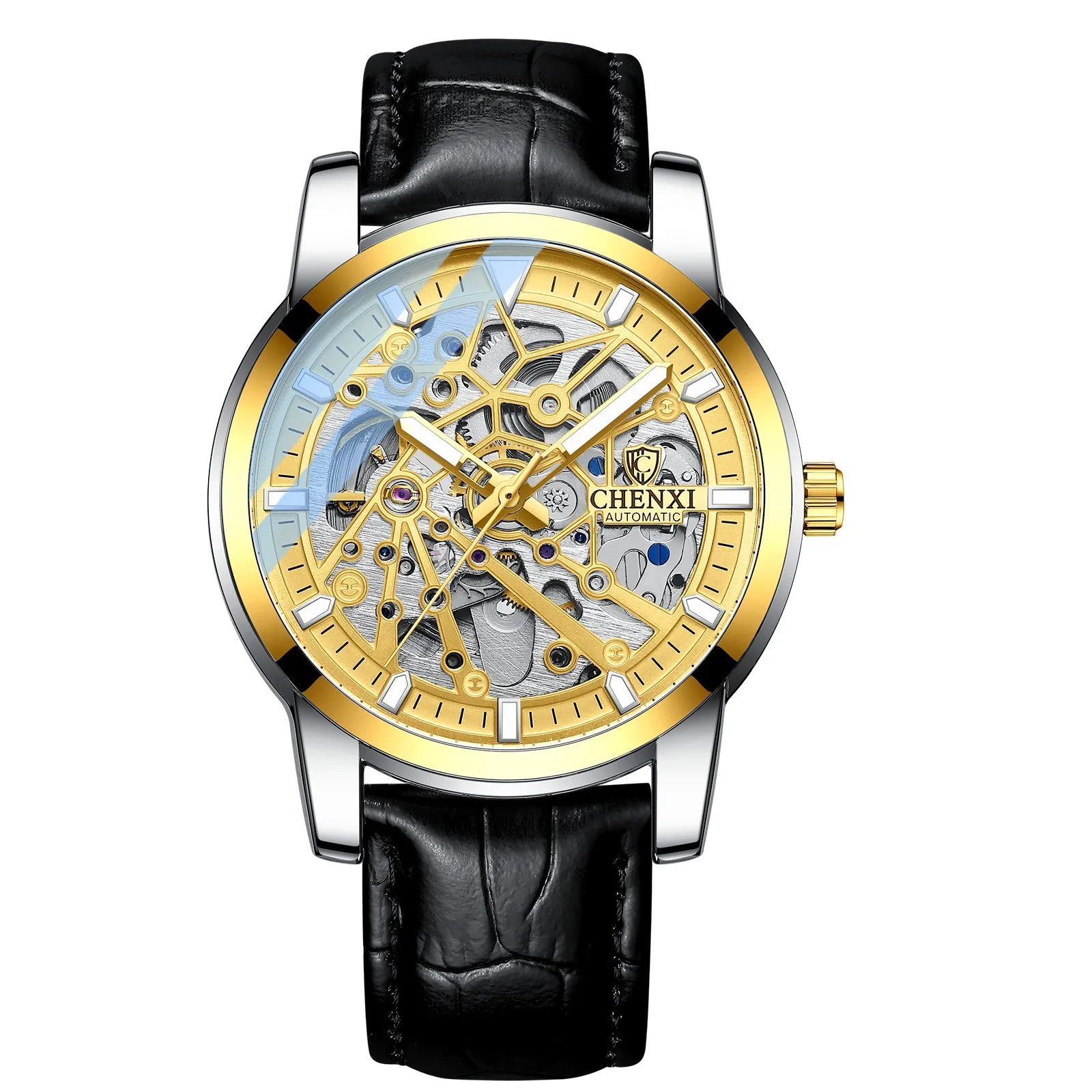 Glow in the dark mechanical watch with leather band W28CX88812L