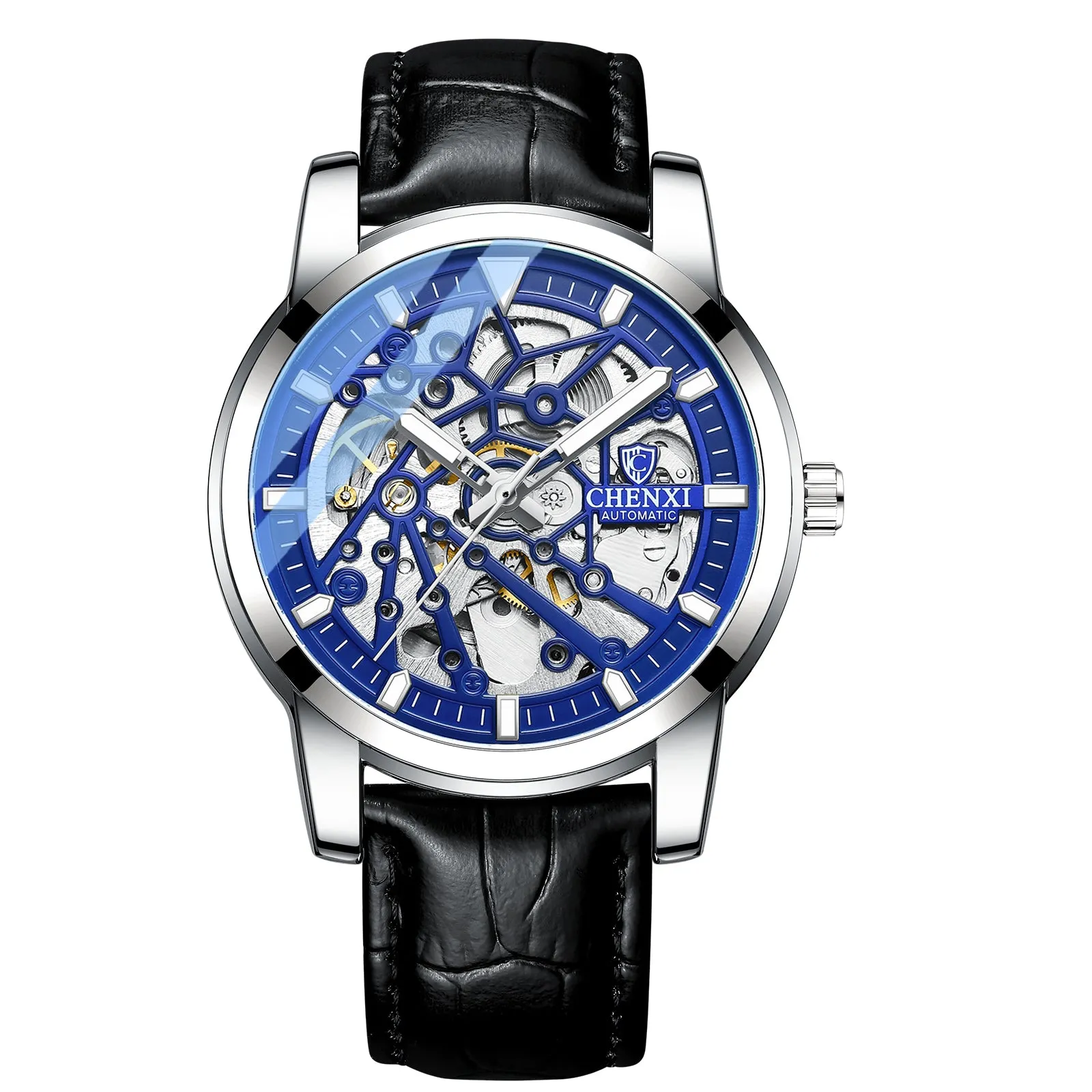 Glow in the dark mechanical watch with leather band W28CX88812L