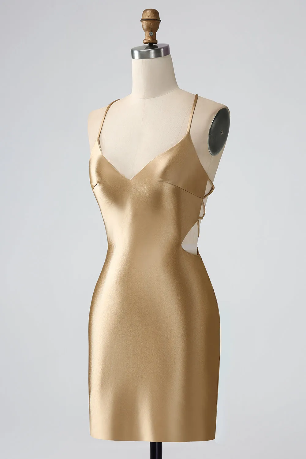 Gold Backless V-Neck Crisscross Back Short Homecoming Dress