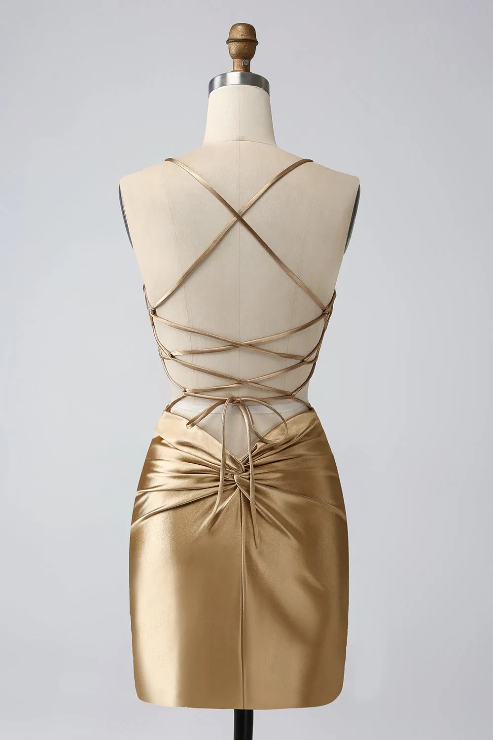 Gold Backless V-Neck Crisscross Back Short Homecoming Dress