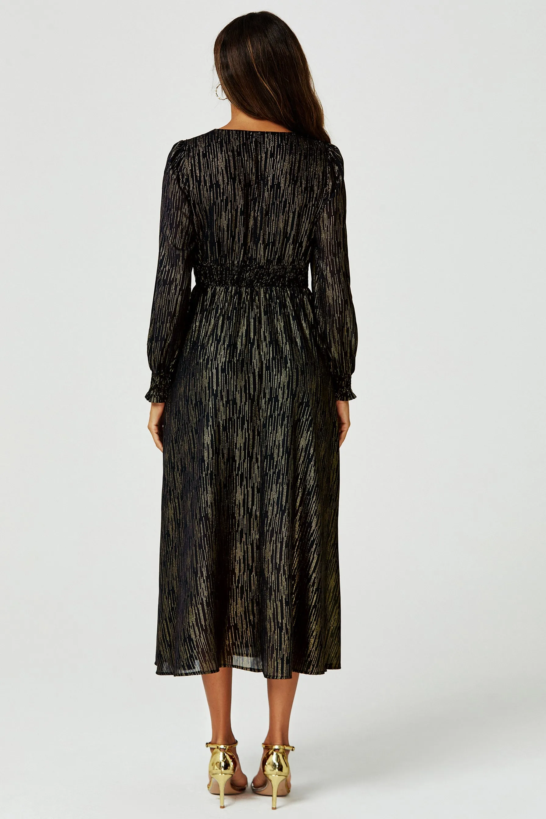 Gold Stripe Foil Long Sleeve Maxi Dress In Black