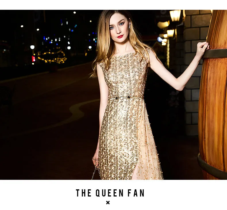 High-end luxury  Gold shimmery sleeveless evening dinner dress - ipi