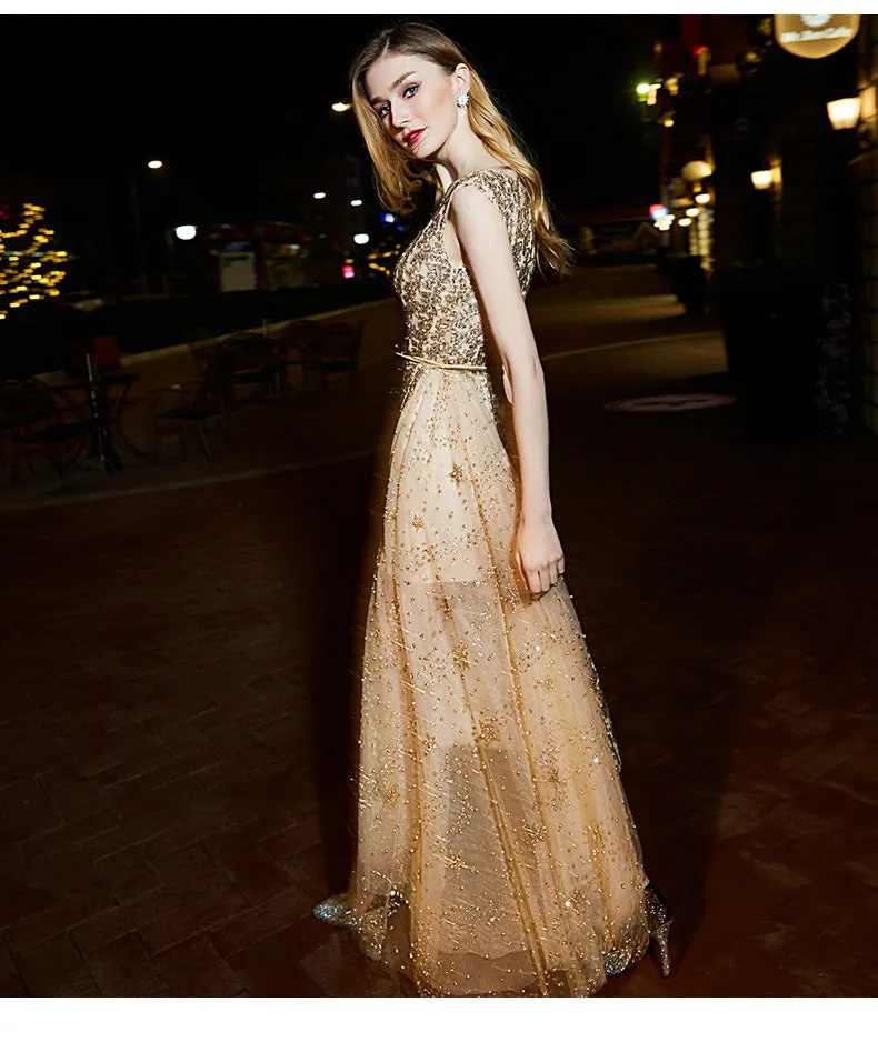 High-end luxury  Gold shimmery sleeveless evening dinner dress - ipi