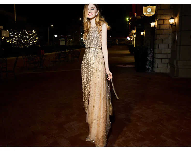 High-end luxury  Gold shimmery sleeveless evening dinner dress - ipi