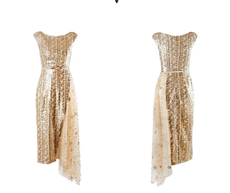 High-end luxury  Gold shimmery sleeveless evening dinner dress - ipi