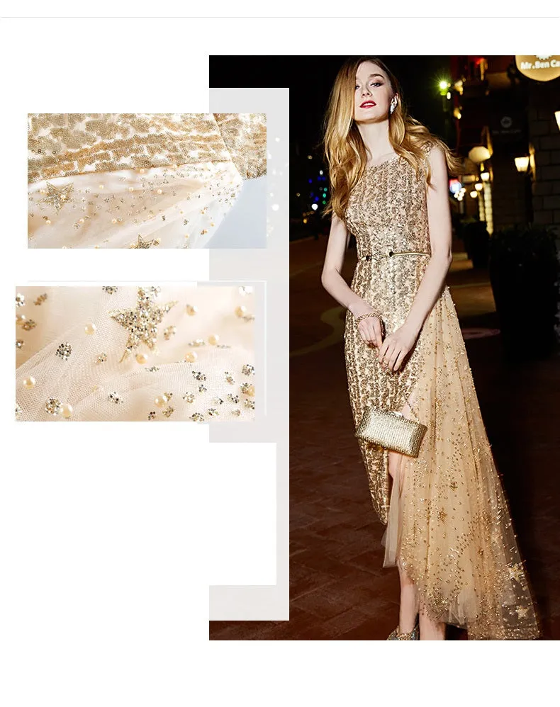 High-end luxury  Gold shimmery sleeveless evening dinner dress - ipi
