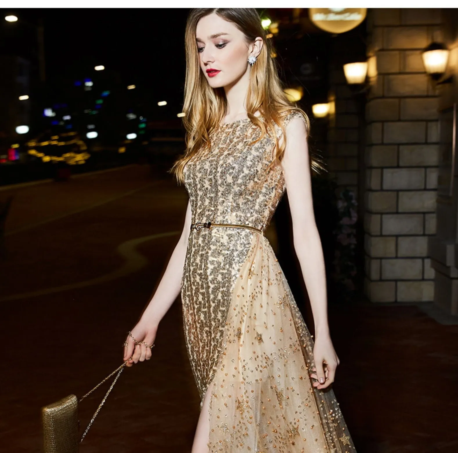 High-end luxury  Gold shimmery sleeveless evening dinner dress - ipi