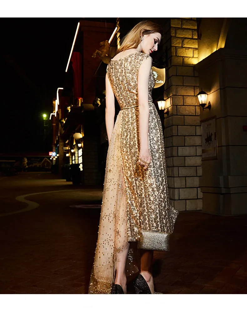High-end luxury  Gold shimmery sleeveless evening dinner dress - ipi