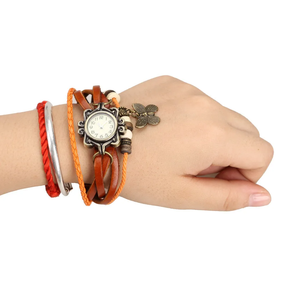 Hot Sale Vintage Quartz Wristwatch Women Dress Watches Wrap Butterfly Pendant Synthetic Leather Strap Watches Bracelet Wristwatch