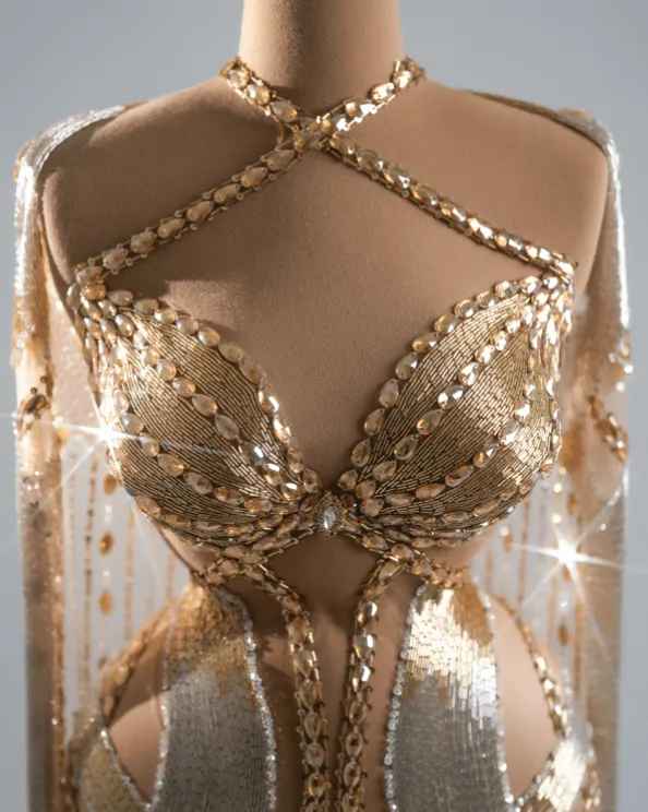 Ivory Gold and Silver Dress Embellished with Crystals