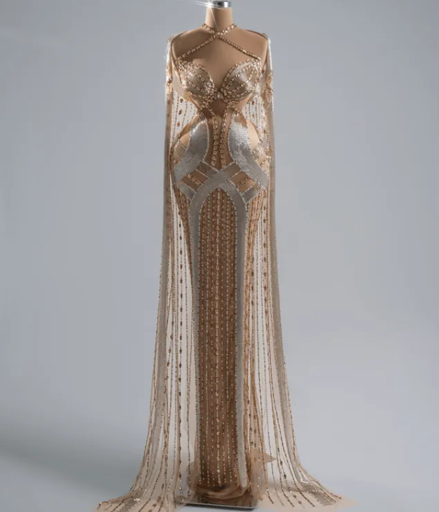 Ivory Gold and Silver Dress Embellished with Crystals
